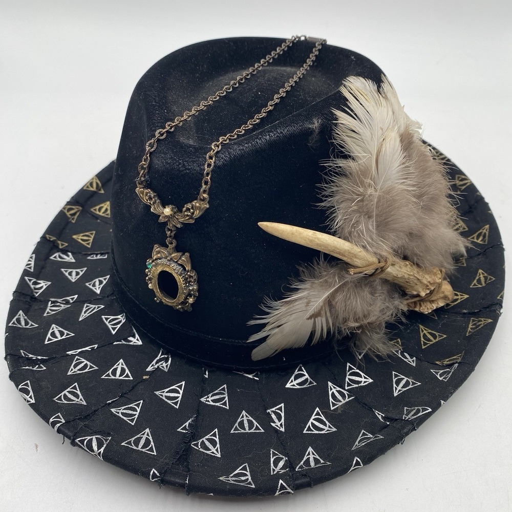 Steampunk Harry Porter Deathly Hallows Hat Black Fedora Size 7 1/8 Feather